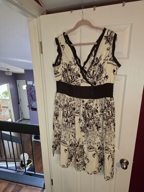 Black & Cream Floral Wrap Midi Dress with Smocked Waist